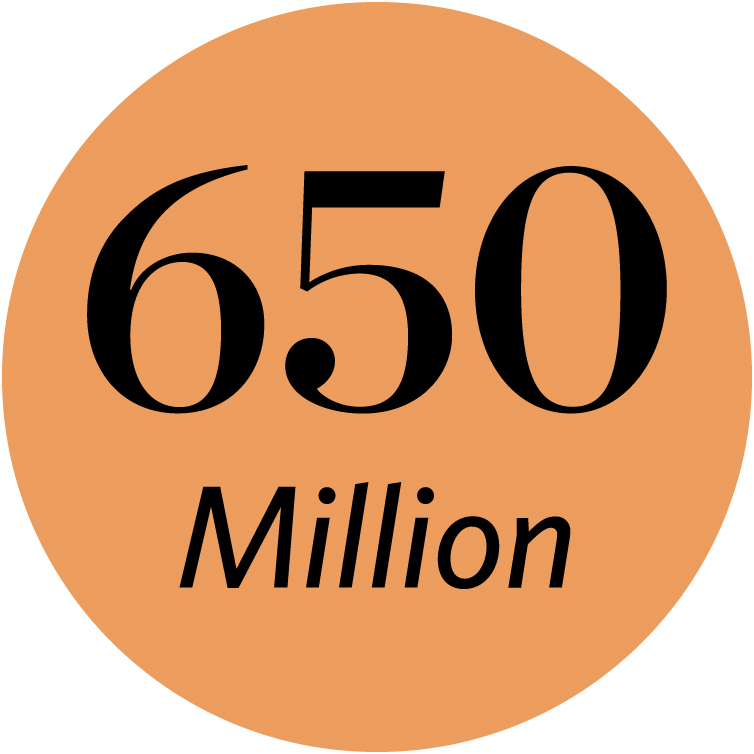 An orange circle with the words 650 million in black text in the center.