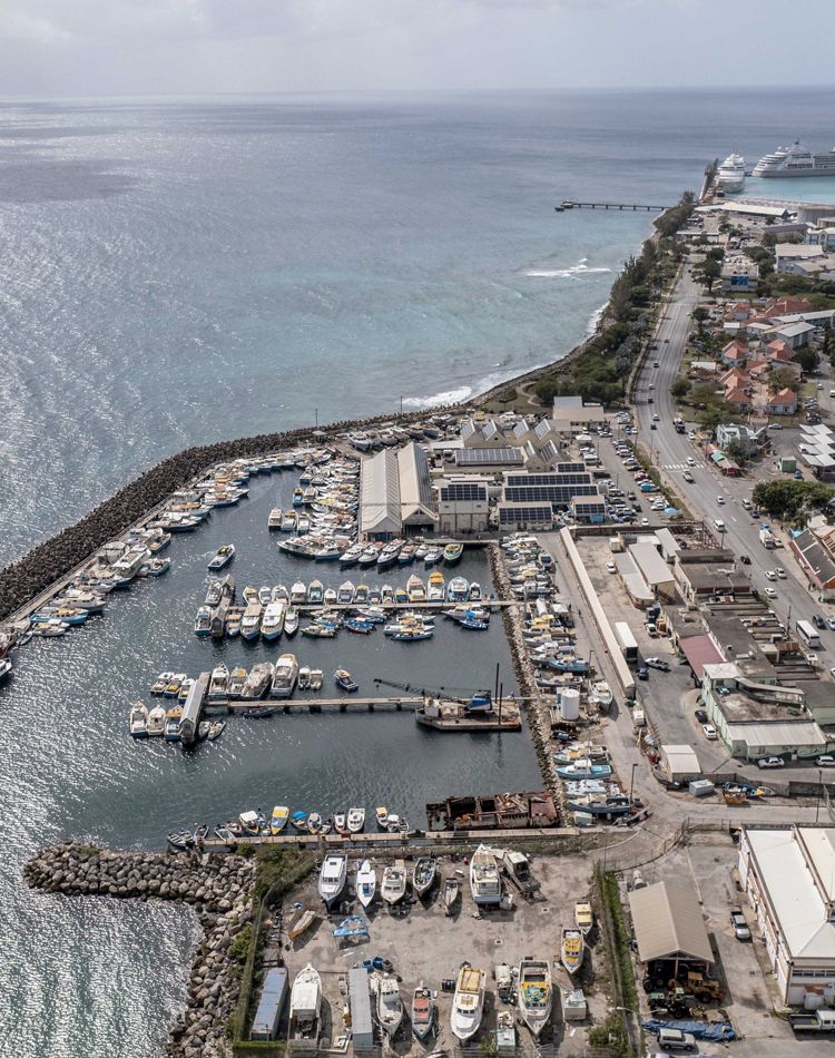 Aerial photo over Bridgetown, Barbados, showing beach.