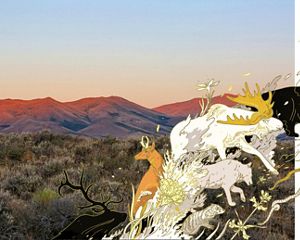 Illustrated animals travel across a photo of mountains and forests.