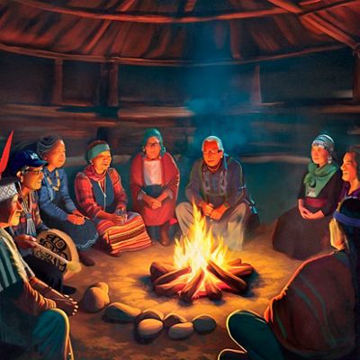 Illustration depicts people sitting around a fire.