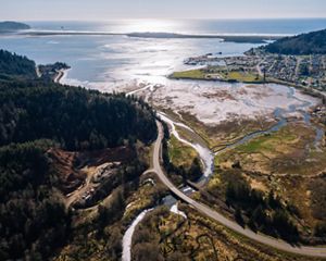 Aerial view of the Kilchis Estuary in Oregon.