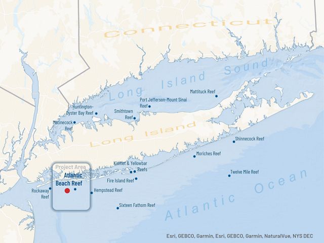 A map of Long Island and the surrounding water with pins on where artificial reefs are located. 