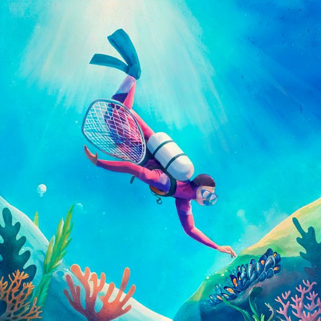 Illustrating depicting a diver swimming under water.