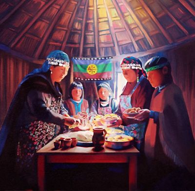 An illustration depicts people gathered around a table.