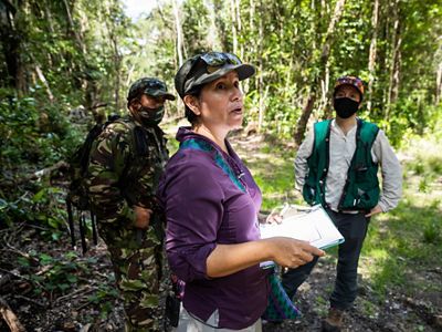 Holding notes on a clipboard, Dr. Elma Kay stands in a tropical rainforest and talks with two people.