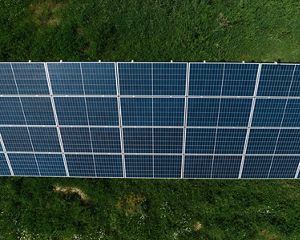 Solar panels in tight rows reflect back sunshine.