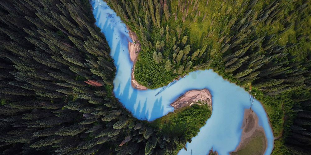 aerial photo of a blue river winding through a forest of evergreen trees.