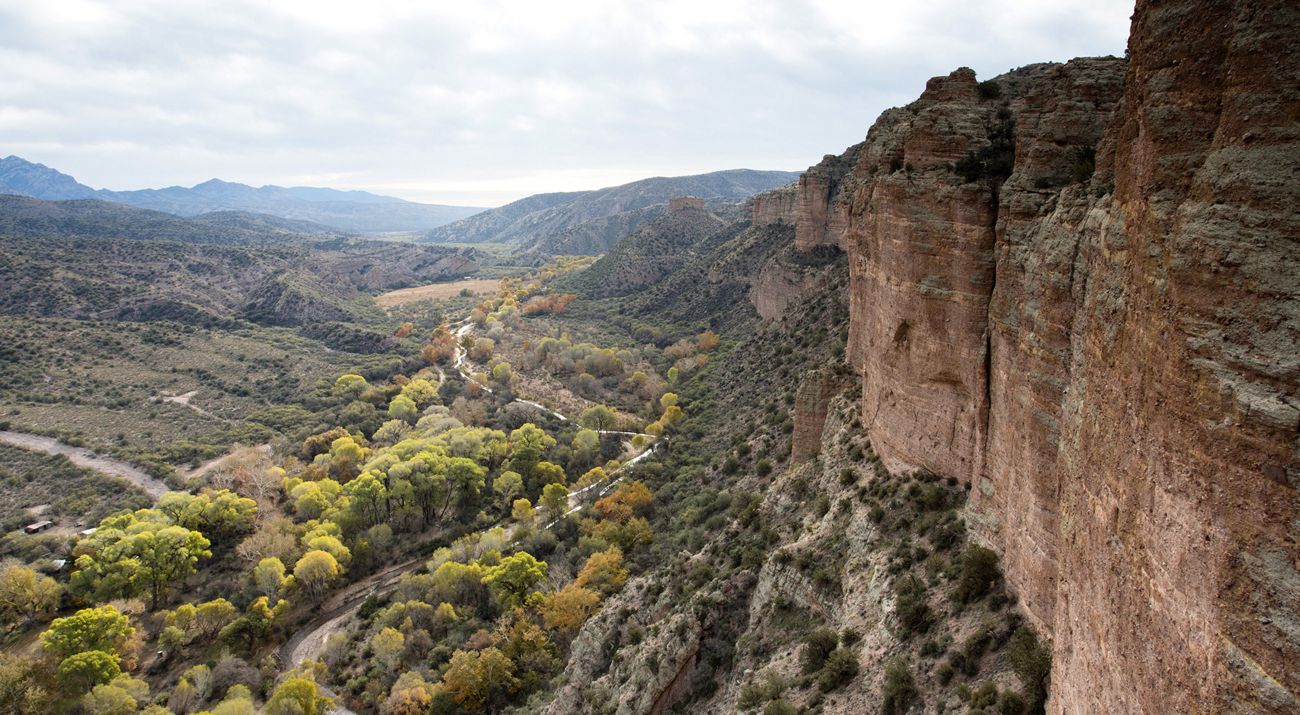 A landscape view of a valley, with steep red canyon wall.