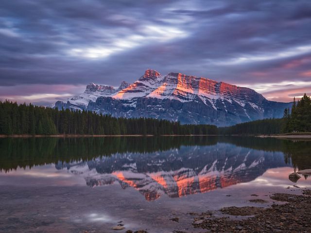Sunset at Two Jacks Lake in Banff National Park.